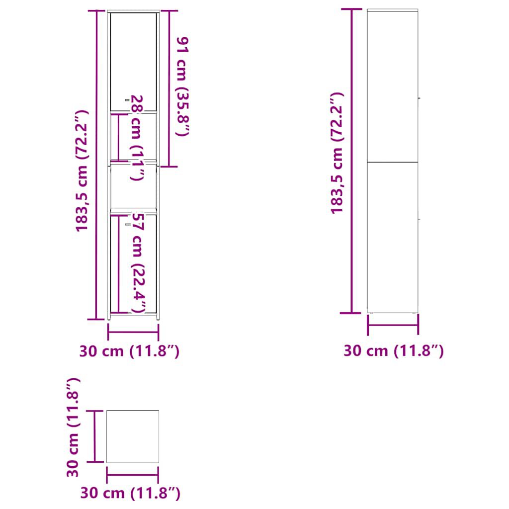 vidaXL Baderomsskap gammelt tre 30x30x183,5 cm konstruert tre