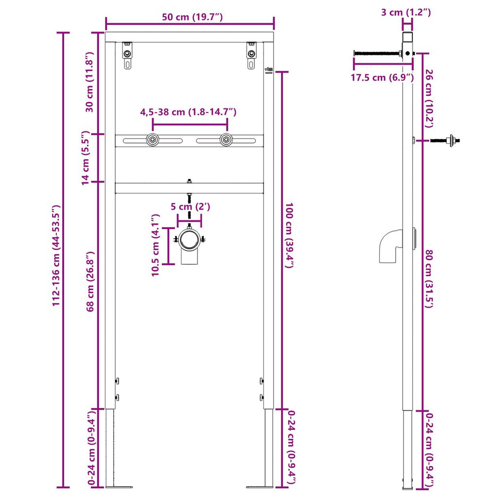 vidaXL Skjult Monteringsramme for Porselen 50x112-136 cm Stål