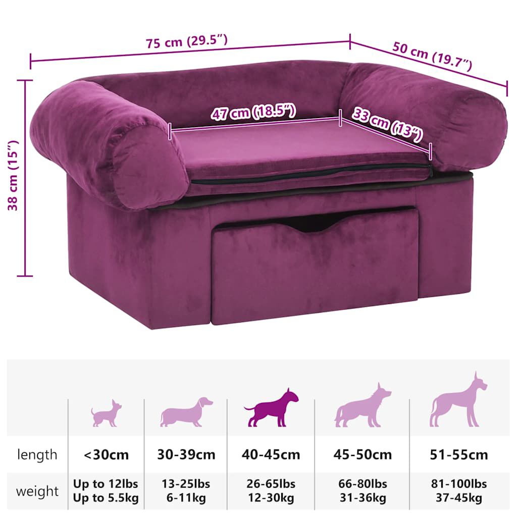 vidaXL Hundesofa med skuff burgunder 75x50x38 cm plysj