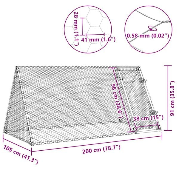 vidaXL Kyllingbur sølv 200x105x91 cm galvanisert stål